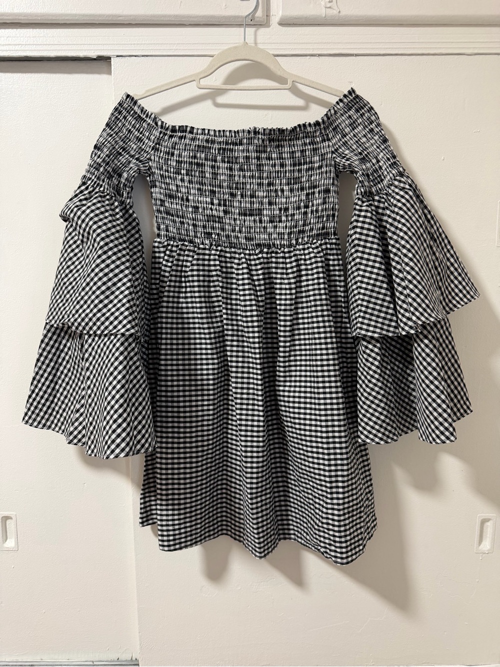 Off-Shoulder Gingham Mini Dress/Top  with Tiered Bell Sleeves - Black & White